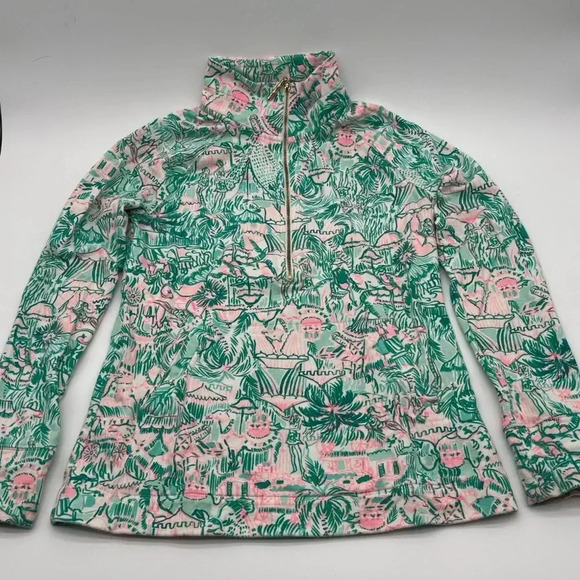 Lilly Pulitzer Tops - Lilly Pulitzer Skipper Popover Women XS Green White Long Sleeve 1/4 Zip Pullover